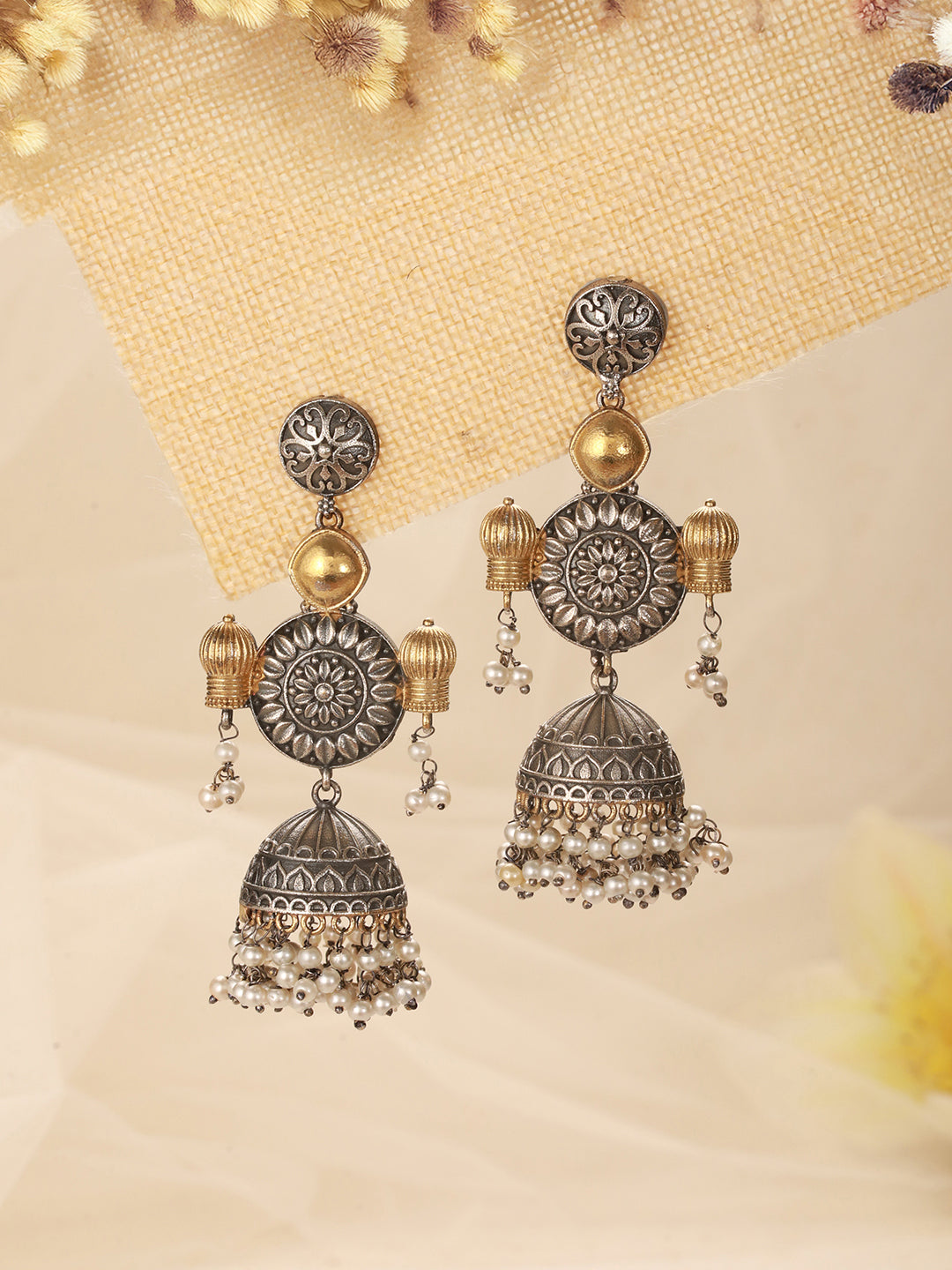 Silver Oxidised Dual Toned  Dangler Fusion  Lightweight  Jhumka  Earrings